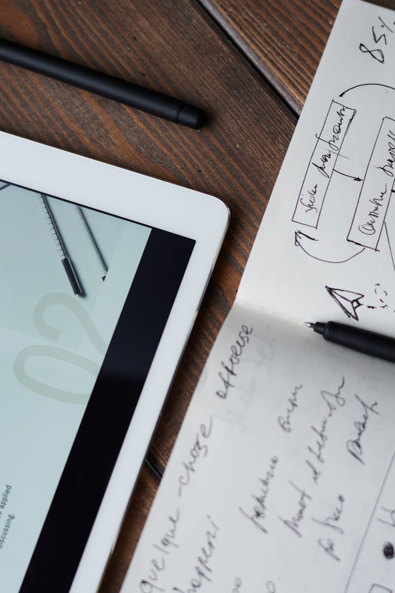 Digital and handwritten brainstorming tools on a wooden desk, ideal for business and study contexts.
